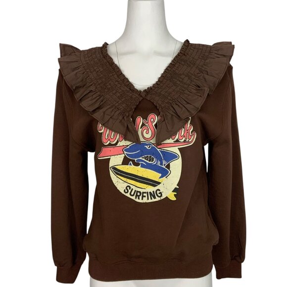 Panduola Studio Tops - Wild Shark Surfing Sweatshirt By Panduola Studio S/M Brown Long Sleeve Upcycled